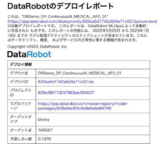 図6. DataRobot MLOpsによって自動発行されるデプロイレポート