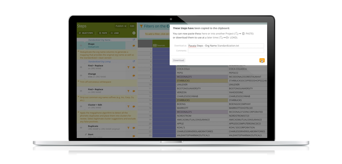 Laptop displaying a Paxata project with workflow reuse dialog overlaid