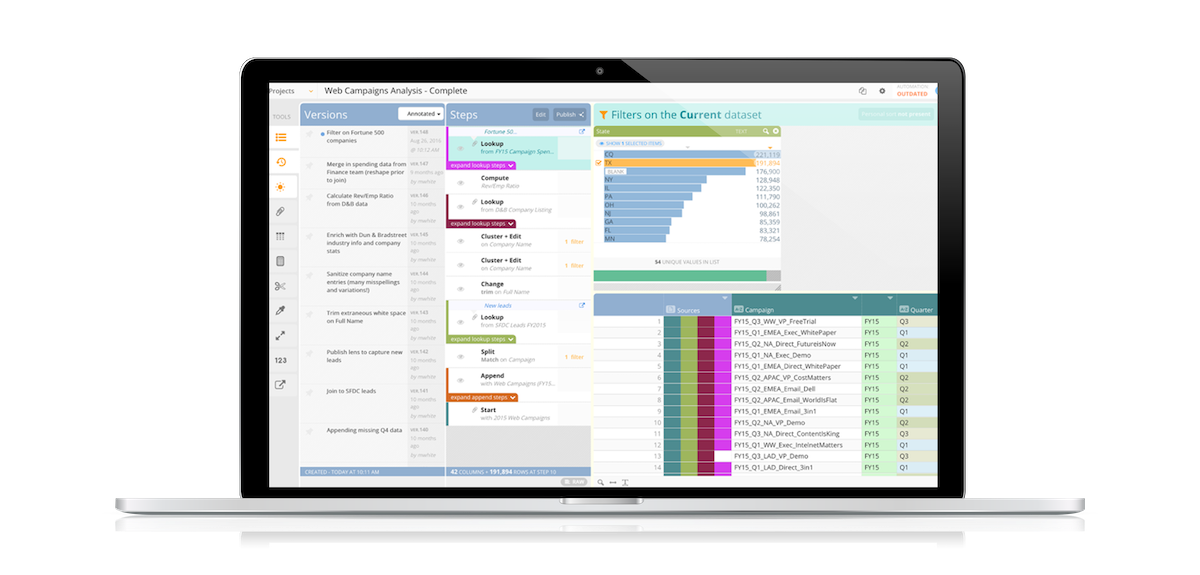 Laptop displaying version control options for a Paxata project