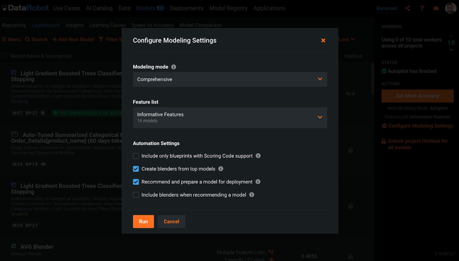 Screen shot of DataRobot AutoML software.