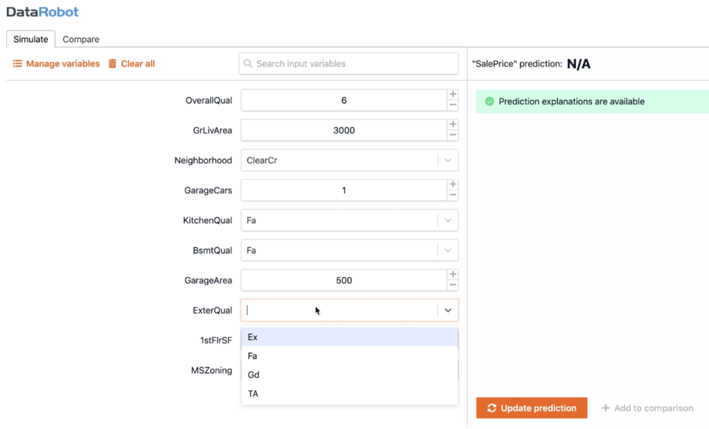 Figure 7 Experimenting with different values for the top 10 variables in the What If app