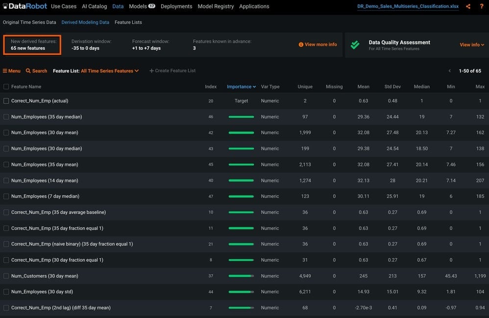 Figure 8. DataRobot has created 163 derived features from the original 13