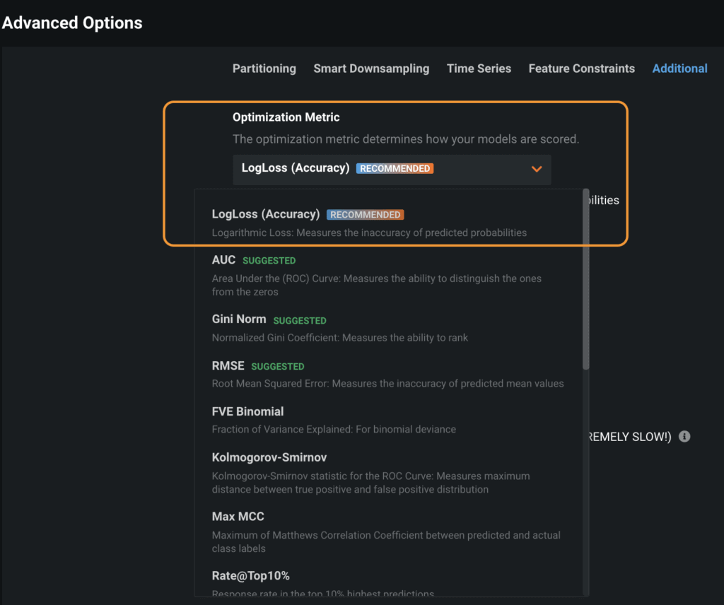 Figure 3. The Logloss metric recommended by DataRobot for an imbalanced binary classification projects