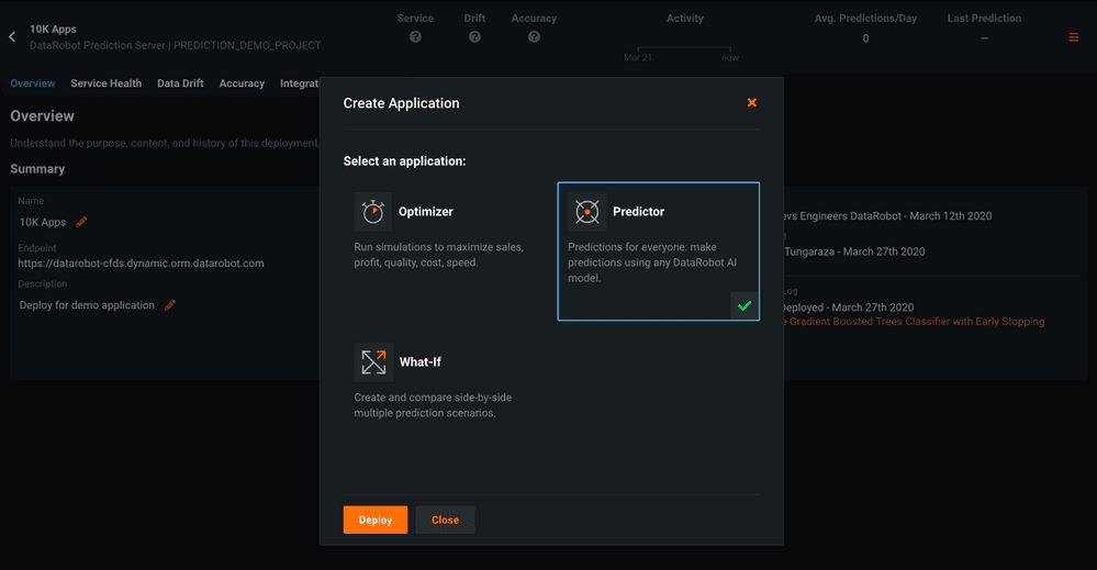 Figure 4 Launching the Predictor app from the Applications Gallery