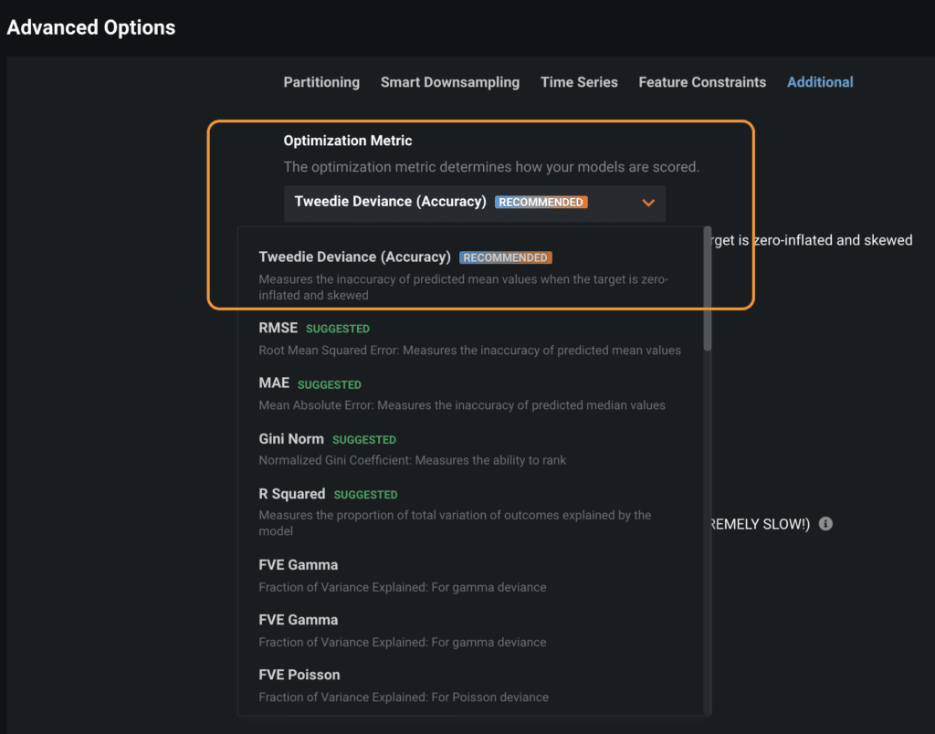 Figure 4. The Tweedie Deviance optimization metric recommended by DataRobot for zero inflated regression problems