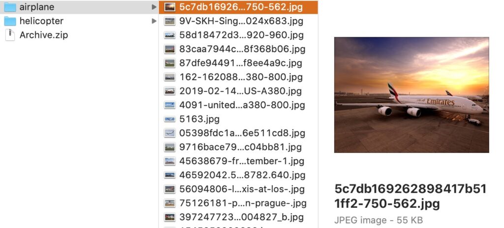 Shows 2 folders: airplanes and helicopters. The Archive.zip file is simply the 2 folders zipped together.

