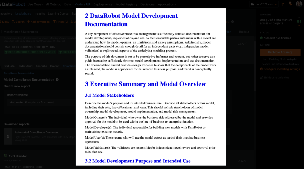 DataRobot’s automatic compliance documentation