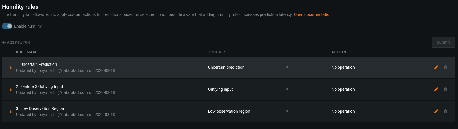 Humility rule configured within a model deployment | DataRobot AI Cloud