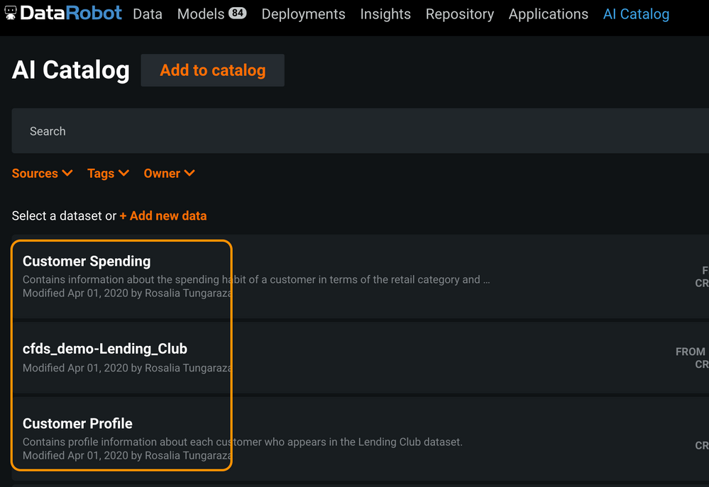 Figure 2. The AI Catalog showing some datasets