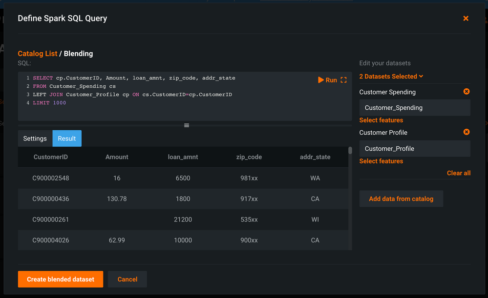 Figure 9. Sample query for merging multiple datasets using the Spark SQL query