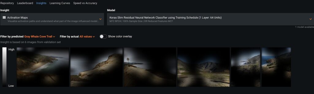 Of the hundreds of experiments automatically tested, now I am reviewing the model insights to make sure the recommended approach is reliable – I don’t want the model to learn that this hike is classified as “Gray Whale Cove Trail” because of a random rock in the image – it should be learning that there is an ocean, mountains, and majestic views on this hike.