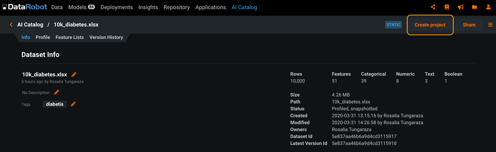 Figure 3. Launch a new project with this dataset via the Create project button