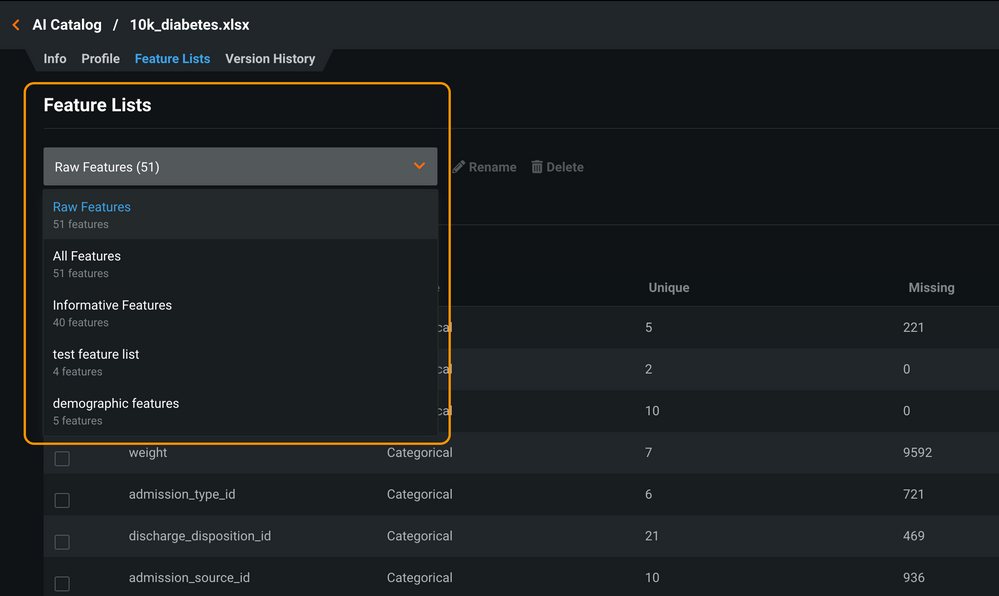 Figure 6. AI Catalog Feature Lists tab