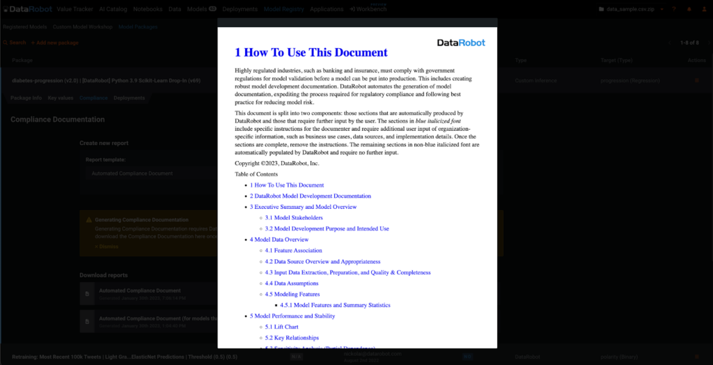 Creating Compliance Documentation - DataRobot AI Platform