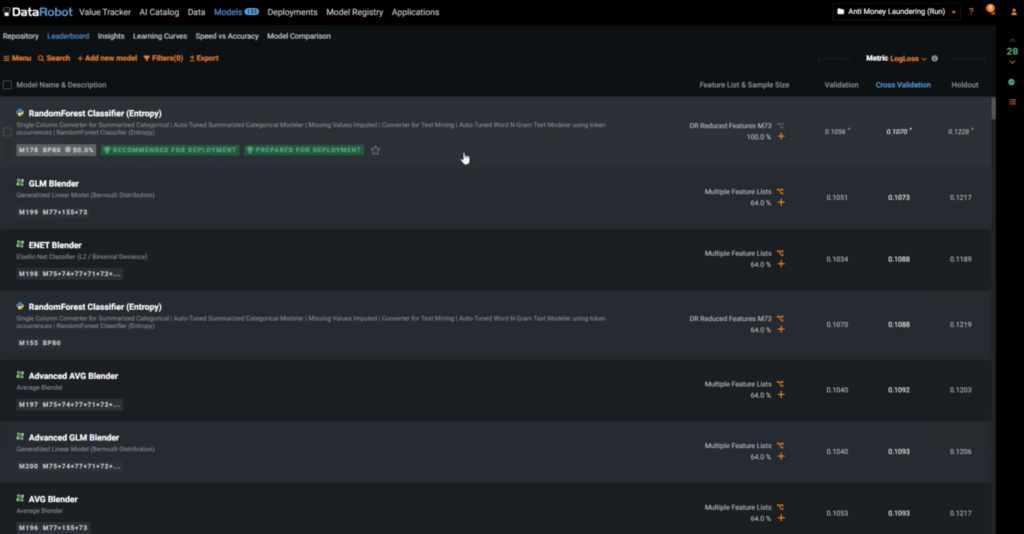 Model leaderboard DataRobot