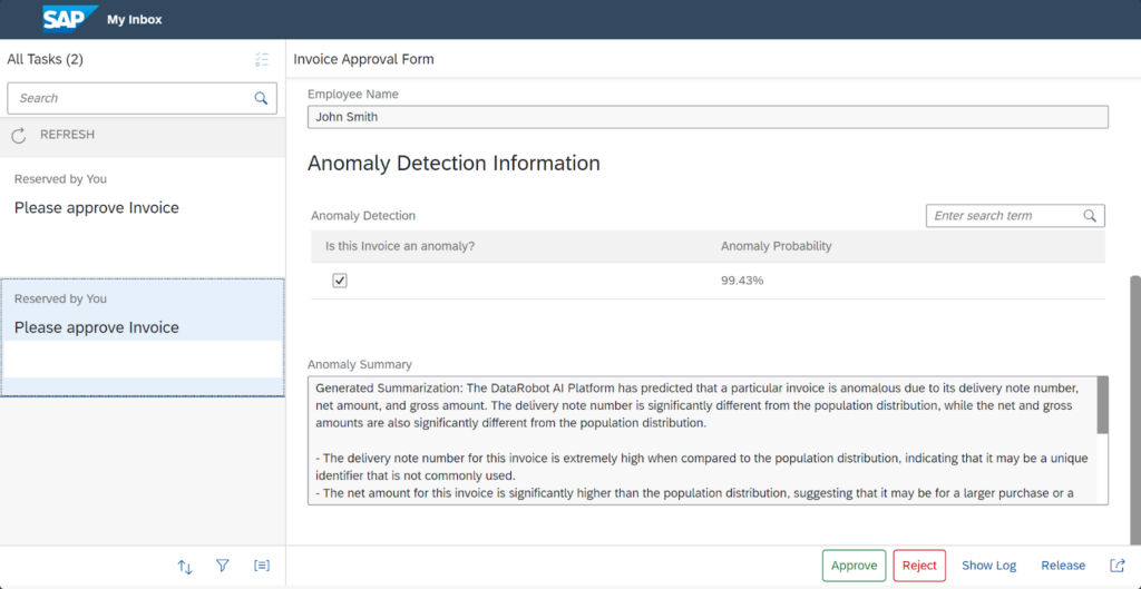 Graph 9 - Final output generated in the business application for financial analysts to approve or reject an invoice based on the anomaly prediction and the corresponding LLM summary.