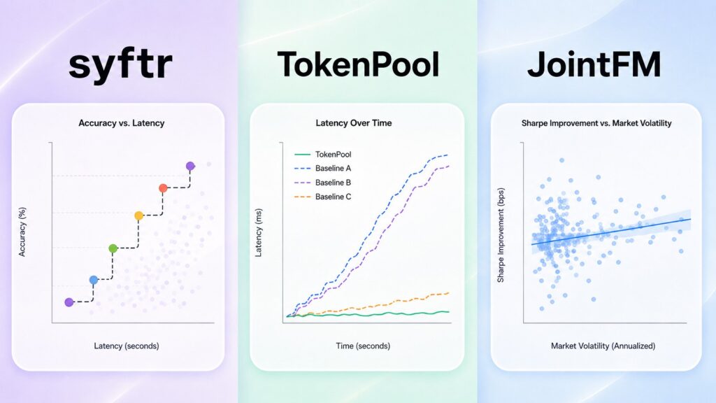 Три сравнительных графика: точность syftr против задержки, латентность Token Pool во времени и улучшение коэффициента Шарпа JointFM относительно рыночной волатильности