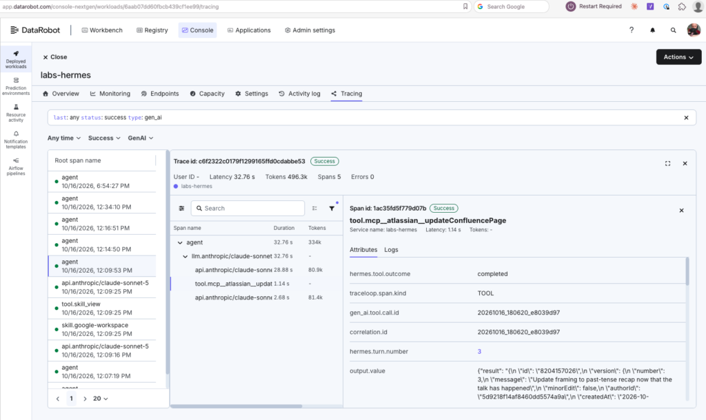 Hermes on Datarobot single trace